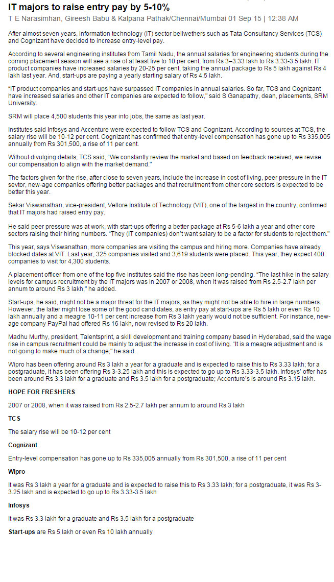 IT majors to raise entry pay by 5-10%